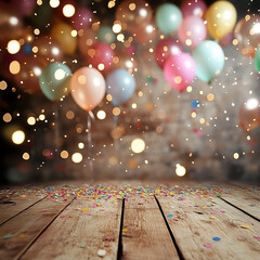 whimsical birthday party scene floating balloons and confetti blurred fairy lights empty wooden table in foreground dreamy atmosphere