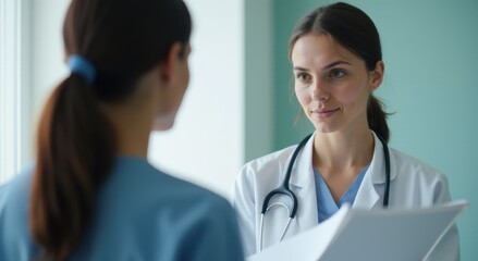 Doctor consulting with a colleague in a medical center.
