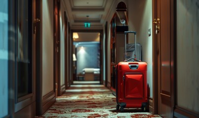 Rolling suitcase in the hallway, 4K hyperrealistic photo