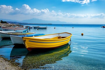 Naklejka premium Colorful fishing boats floating on calm water on a sunny day