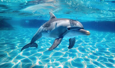 Fototapeta premium Playful dolphins swimming in clear blue waters, 4K hyperrealistic photo.