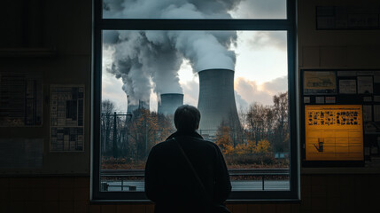 A person gazes out the window at towering cooling towers amidst billowing smoke in an industrial area on a cloudy day