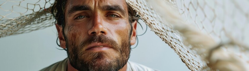 Obraz premium Man with fishing net, white background, angling gear