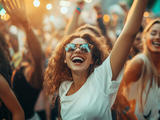 Friends attending a concert or music festival, excited and energized.A woman dances in a crowd at a music festival with arms raised