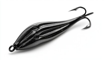 A sleek black fishing lure designed to attract fish, featuring sharp hooks for effective use in angling.