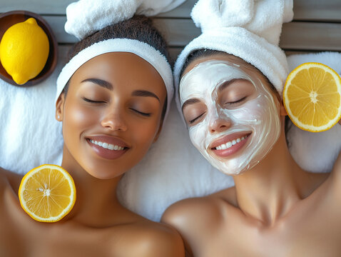 Friends having a spa day together, relaxing and pampering.Two women lie next to each other wearing facial masks