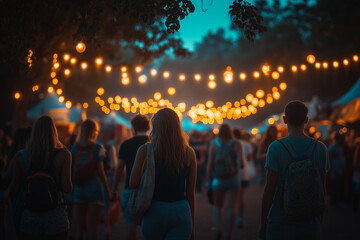 Group of friends exploring a local festival, immersed in the vibrant atmosphere.People walk down a street at night under string lights