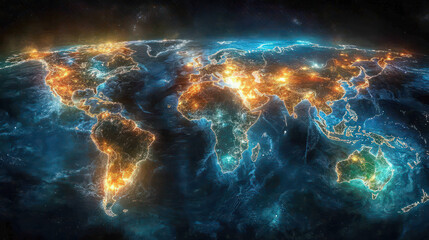 stunning visualization of Earth at night, showcasing glowing cities and vibrant landscapes across continents