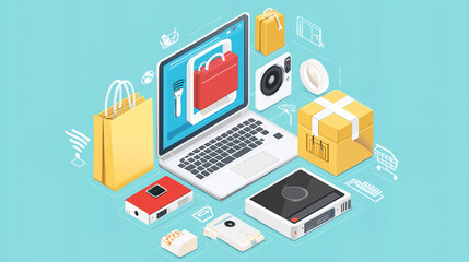 A colorful illustration of a laptop surrounded by shopping bags, packages, and various tech items, symbolizing online shopping and digital commerce.