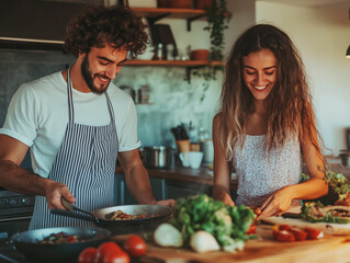 Pair of friends cooking a meal together, collaborative and fun.A man and a woman are joyfully preparing delicious food in a kitchen