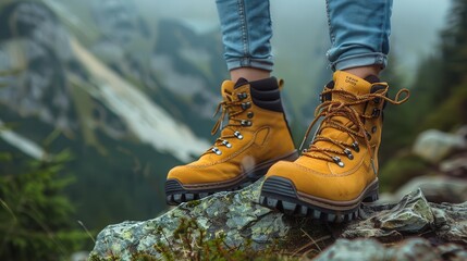Woman with hiking boots, white background, outdoor readiness