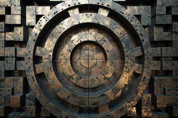 Obraz premium Abstract background with metallic circular door made of metal plates with sharp edges in the center