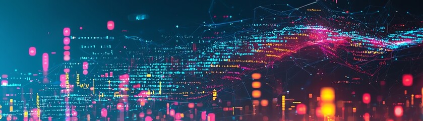 Abstract digital landscape featuring vibrant colors and flowing lines, representing technology and innovation in a dynamic visual format.