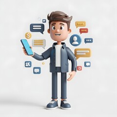 3D illustration of a character holding a smartphone, surrounded by colorful social media icons and communication symbols, set against a solid white background. Ideal for digital communication