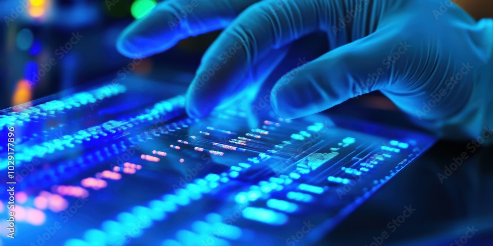 Poster scientist conducting dna sequencing in a high-tech lab, analyzing data on a holographic interface.