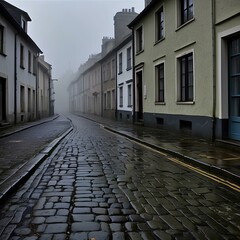 Fototapeta premium Misty Coastal Village Street – Cobblestone Path in an Isolated, Foggy Landscape