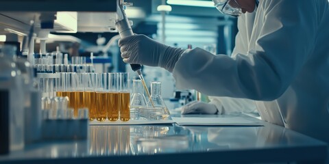 Scientist developing a new formula for sustainable plastics, working in a chemistry lab with test tubes and formulas.