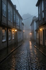 Fototapeta premium Misty Coastal Village Street – Cobblestone Path in an Isolated, Foggy Landscape