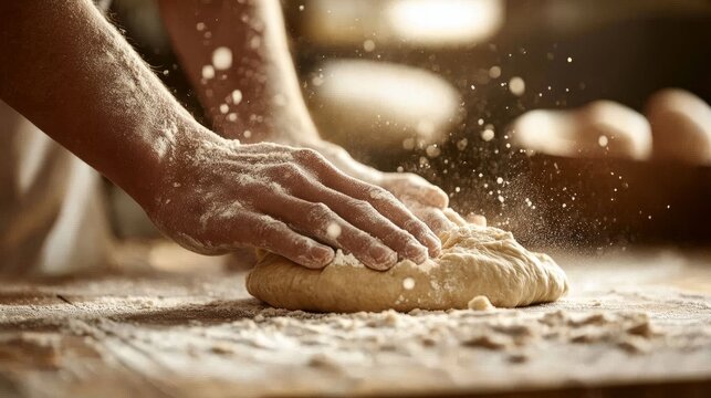 Hands kneading dough with flour
