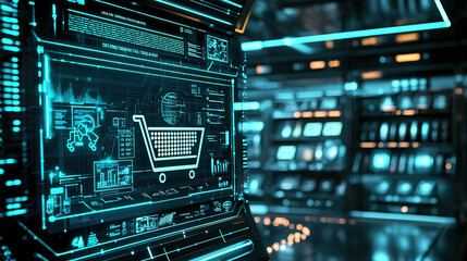 A futuristic digital interface displaying a shopping cart icon, set against a backdrop of glowing shelves, symbolizing advanced e-commerce technology.