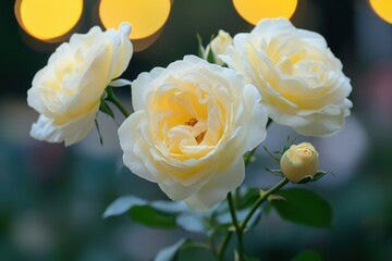 Captivating white roses illuminated by soft bokeh lights in a serene evening garden setting