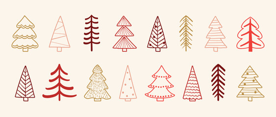 Collection of a cartoon Christmas tree clip arts. Holiday ornaments. Vector illustration