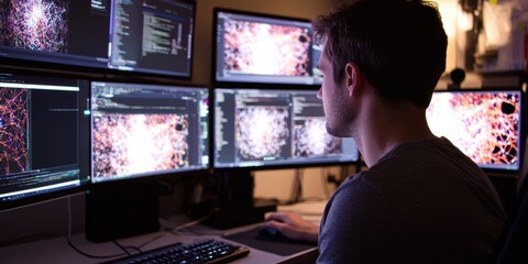 Software engineer debugging an AI neural network, reviewing layers of complex algorithms on multiple screens. 