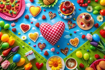 Fototapeta premium Aerial Photography of Cartoon Mother's Day Celebration with Flowers and Hearts