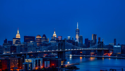 NY City skyline. Buildings of New York. New York Buildings. Skyline of NYC. Aerial view of Brooklyn Bridge with Manhattan in the background. New York at dusk. New York skyline. Brooklyn Bridge isola