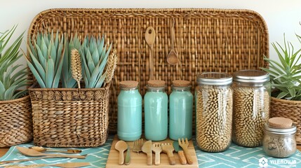 Set of wooden kitchen utensils and cutting boards ideal for eco-conscious kitchens.