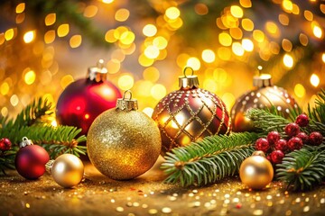 Sparkling Festive Tree Decorations with Golden Bokeh Background for Holiday Cheer