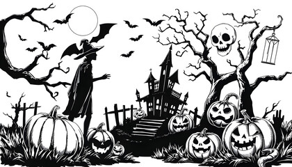 Naklejka premium Halloween attributes collection set line art sketch engraving PNG illustration. T-shirt apparel print design. Scratch board imitation. Black and white hand drawn image isolated with white highlights