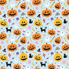 Seamless pattern with cute Halloween icons. Vector illustration