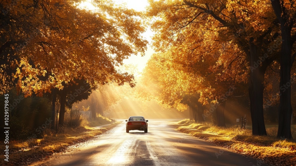 Aufkleber a car travels along a picturesque road lined with vibrant golden trees. the warm sunlight filters th