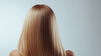 Fototapeta premium Long, straight blonde hair shines under soft lighting, showcasing smooth texture in a minimalist studio setting