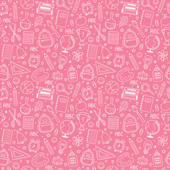 School background with cute cartoon icons. Seamless pattern. Vector illustration