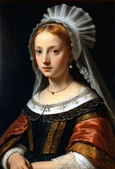 Renaissance-style painting portrait of a young girl in Victorian clothing, Generative AI	
