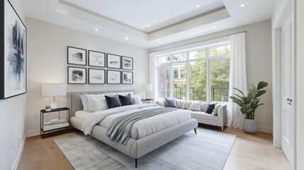 Fototapeta premium Bright and airy bedroom with a large bed, framed photos, and a comfortable sofa, creating a cozy and stylish space.