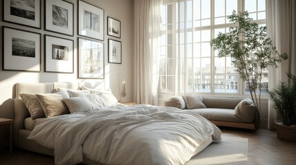 Fototapeta premium Bright and airy bedroom with a large bed, framed photos, and a comfortable sofa, creating a cozy and stylish space.