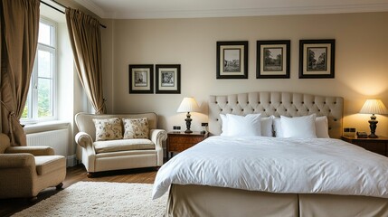 Bright bedroom with a large, comfortable bed, framed photos on the wall, and a stylish sofa, creating a warm, inviting ambiance.