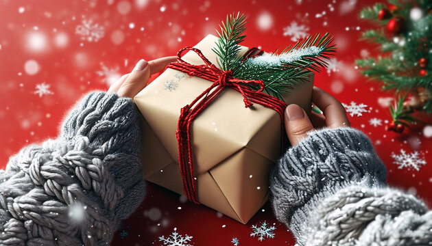 Primer plano de unas manos recibiendo un regalo. Manos cogiendo un obsequio navide&ntilde;o. Regalo de Navidad con fondo rojo nevado.