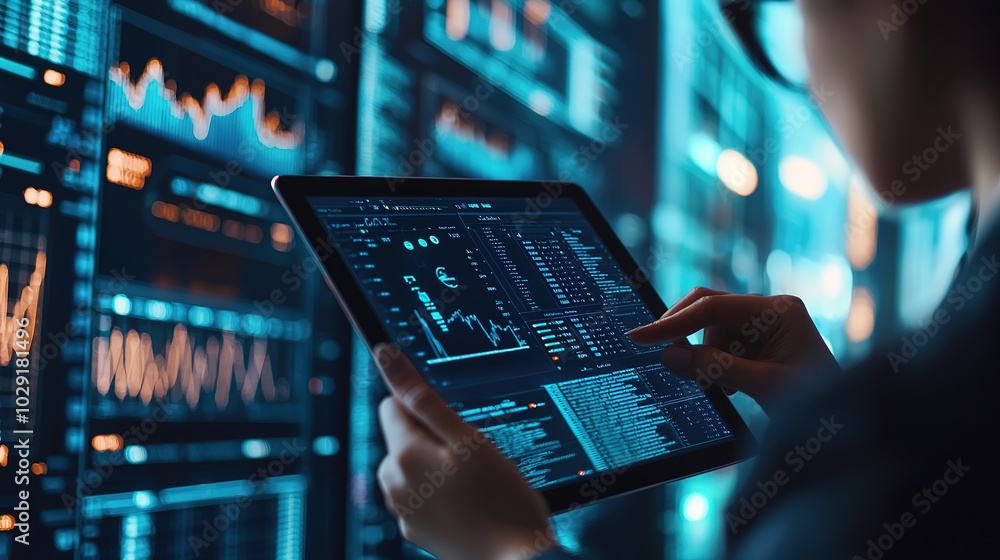 Poster a person analyzes data on a tablet amidst vibrant screens displaying financial graphs and analytics 
