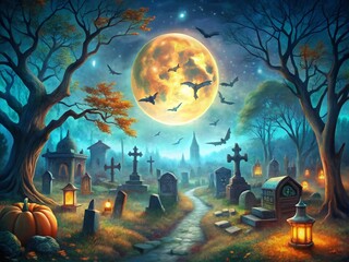 Fototapeta premium Spooky Halloween Scene with Bats, Graveyard, and Full Moon - Aerial Photography