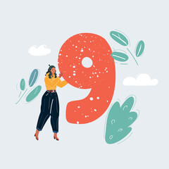 Cartoon vector illustration of woman hold big nine number.