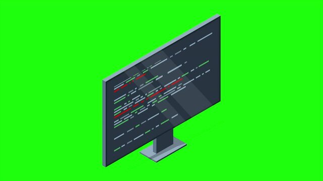 Isometric monitor with program code on screen animation. Programming concept. Web development. 4K video animated in isometric style