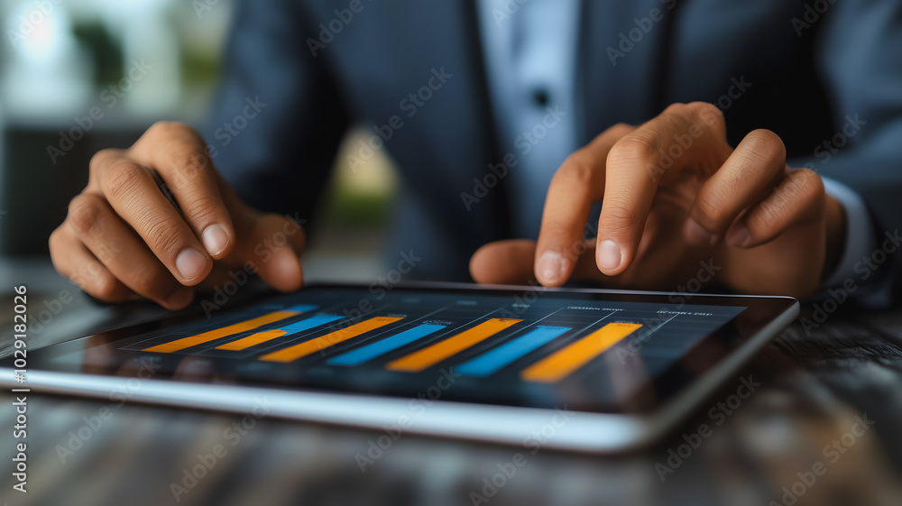 Poster a man is using a tablet to look at graphs. the graphs are colorful and show different data points. t