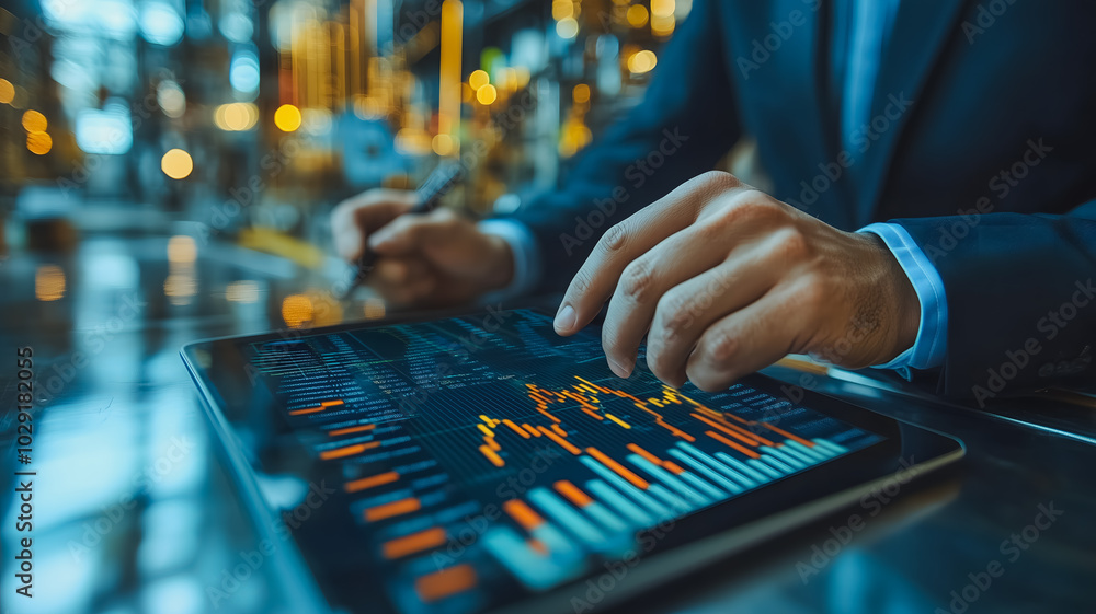 Poster a man is using a tablet to type on a screen with a lot of numbers and graphs. concept of focus and c