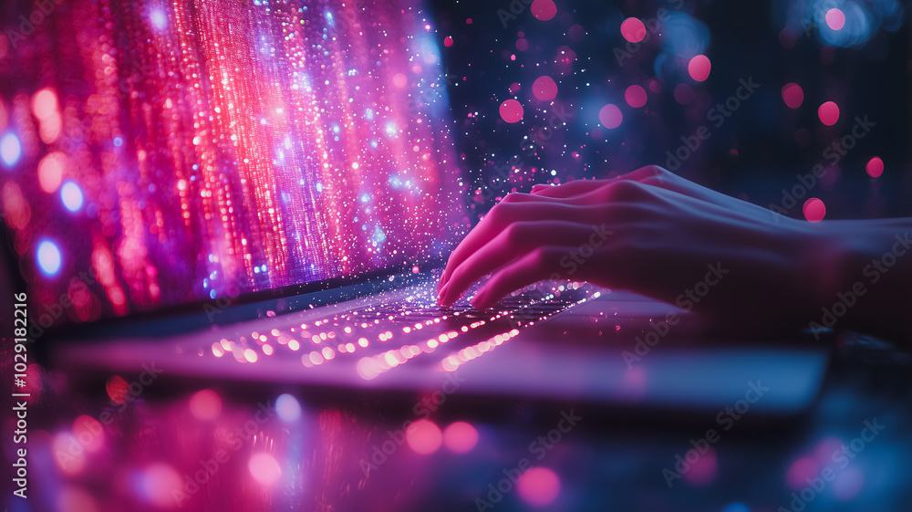 Poster a person is typing on a laptop with a pink background. concept of creativity and productivity, as th