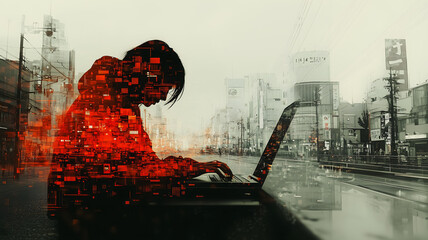 A woman is typing on a laptop in a cityscape. The image is a digital rendering of the city, with the woman's silhouette and the laptop's reflection on the wet pavement. Scene is somewhat melancholic