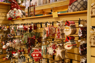 Christmas tree decorations in store. Decorate the holiday season and bring a touch of welcome to your home. Holiday decoration and seasonal shopping concept